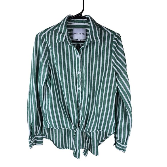 Lola River Tops - LOLA RIVER Striped Shirt Womens Sz S Green White Button‎ Up Tie Roll Tab Sleeve